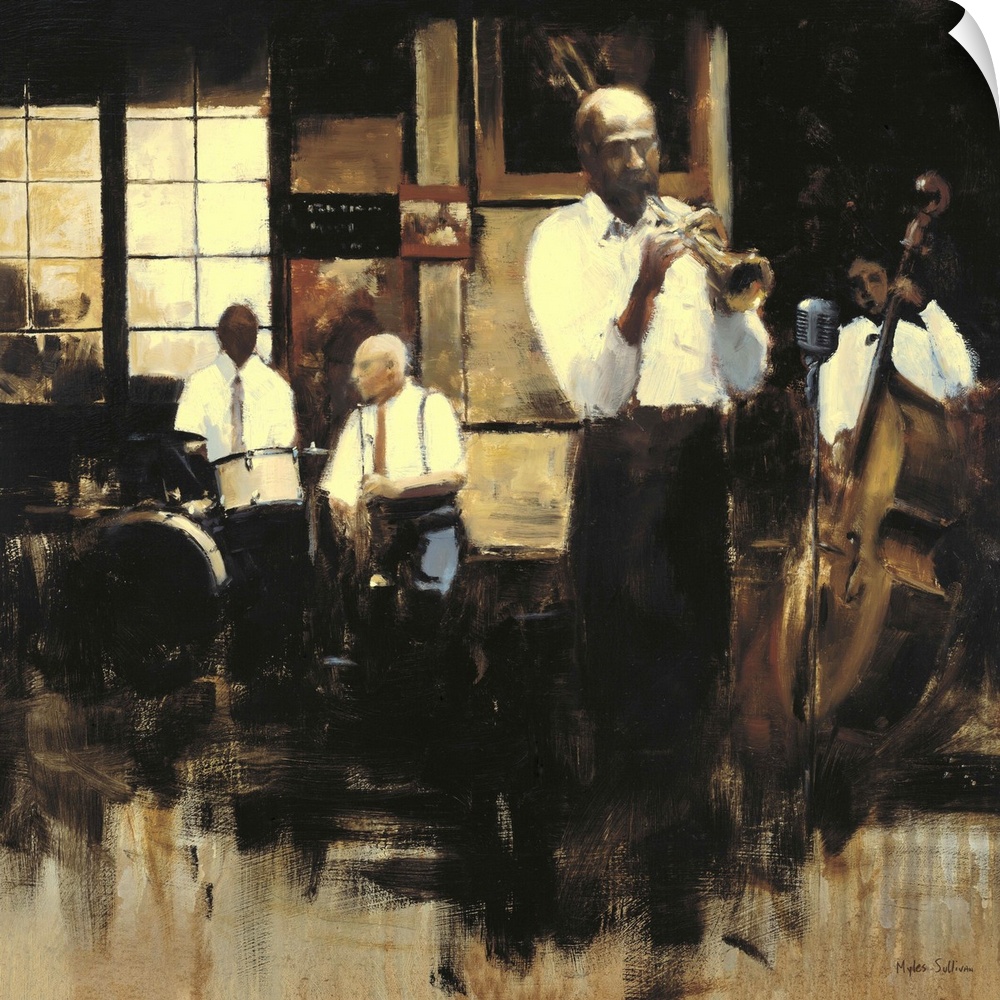 Contemporary painting of a group of jazz musicians, with focus on the trumpet player.
