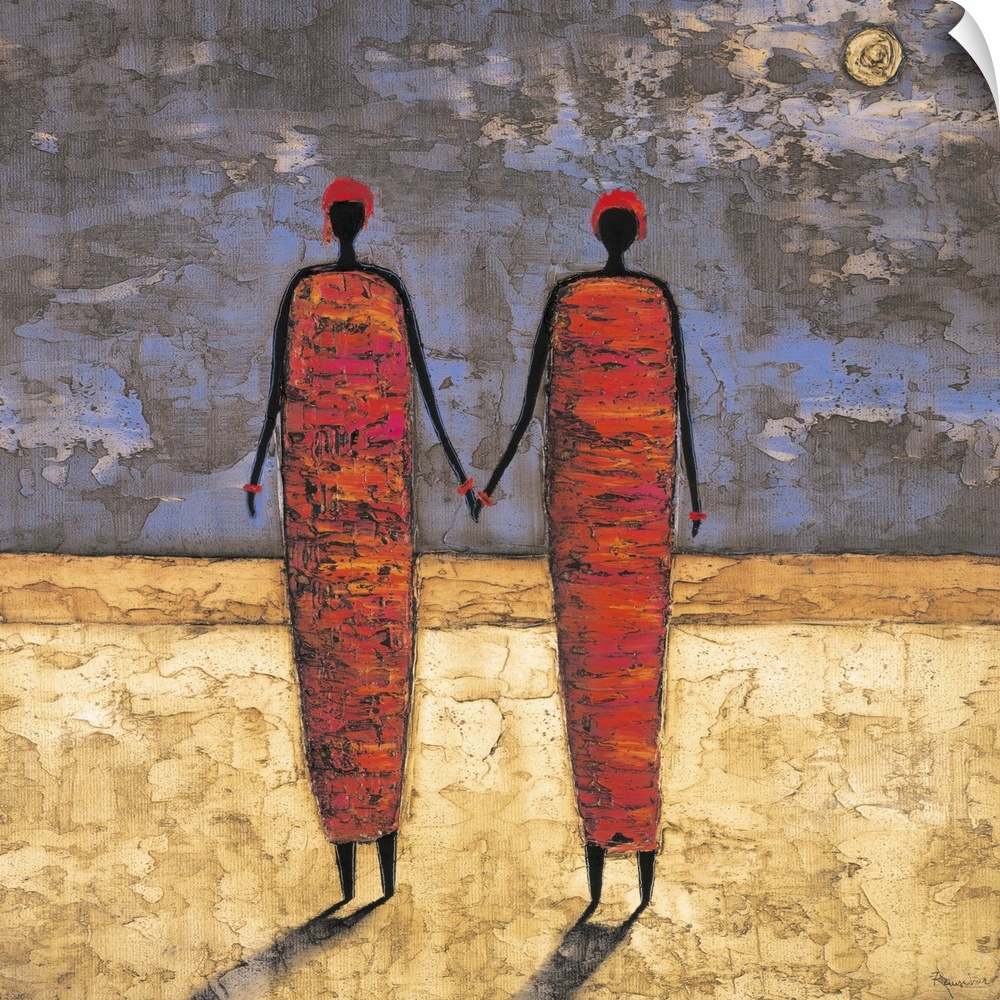Contemporary painting of two women standing under the moonlight holding hands.
