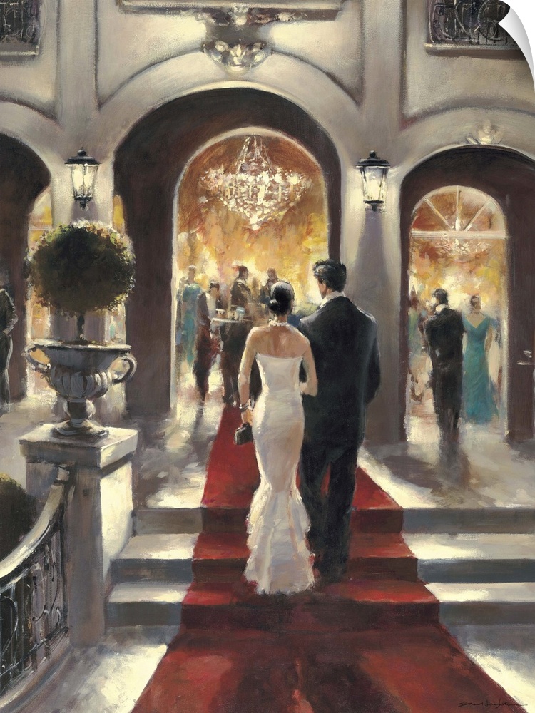 Contemporary painting of a couple in formal evening attire walking along a red carpet.