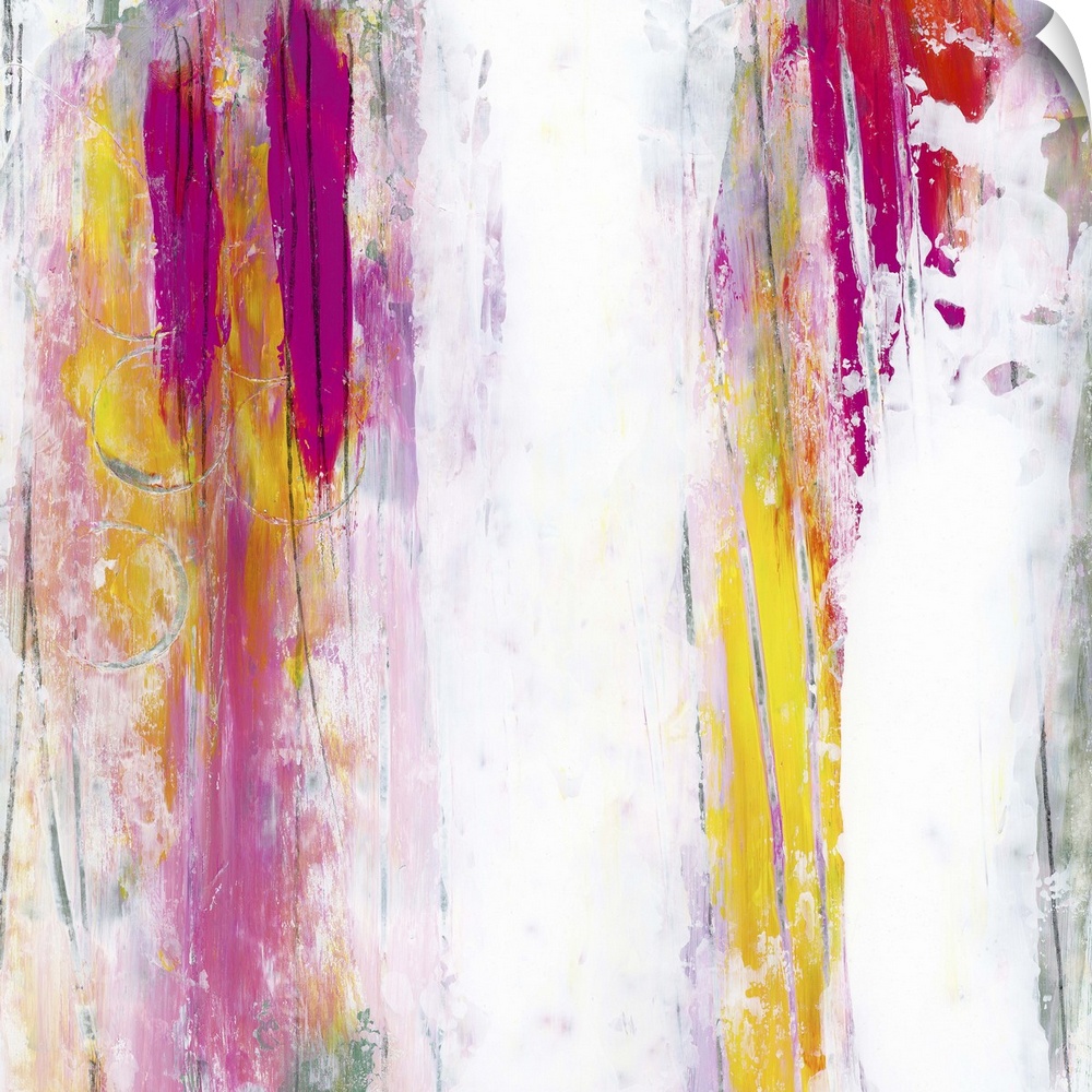 Contemporary abstract painting using vertical fading streaks of pink, purple and yellow.