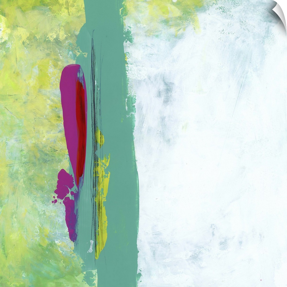 A contemporary abstract painting using a bold green and purple tone against a neutral background with a light green.