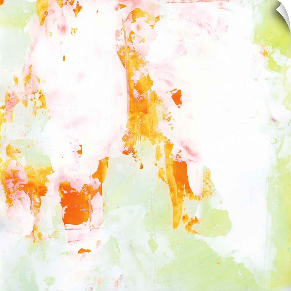 Contemporary abstract painting using mostly neutral colors with splashes of bright orange and pale green.