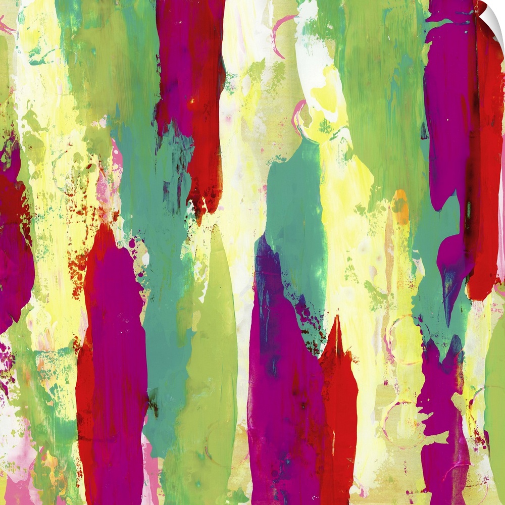 Contemporary abstract painting using streaks of light and dark green with streaks of fuchsia.