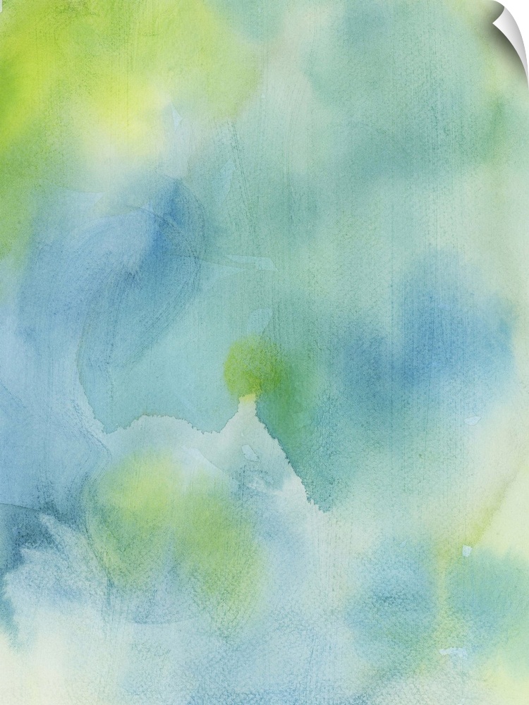 Contemporary abstract painting using soft blue and green tones in watercolors.