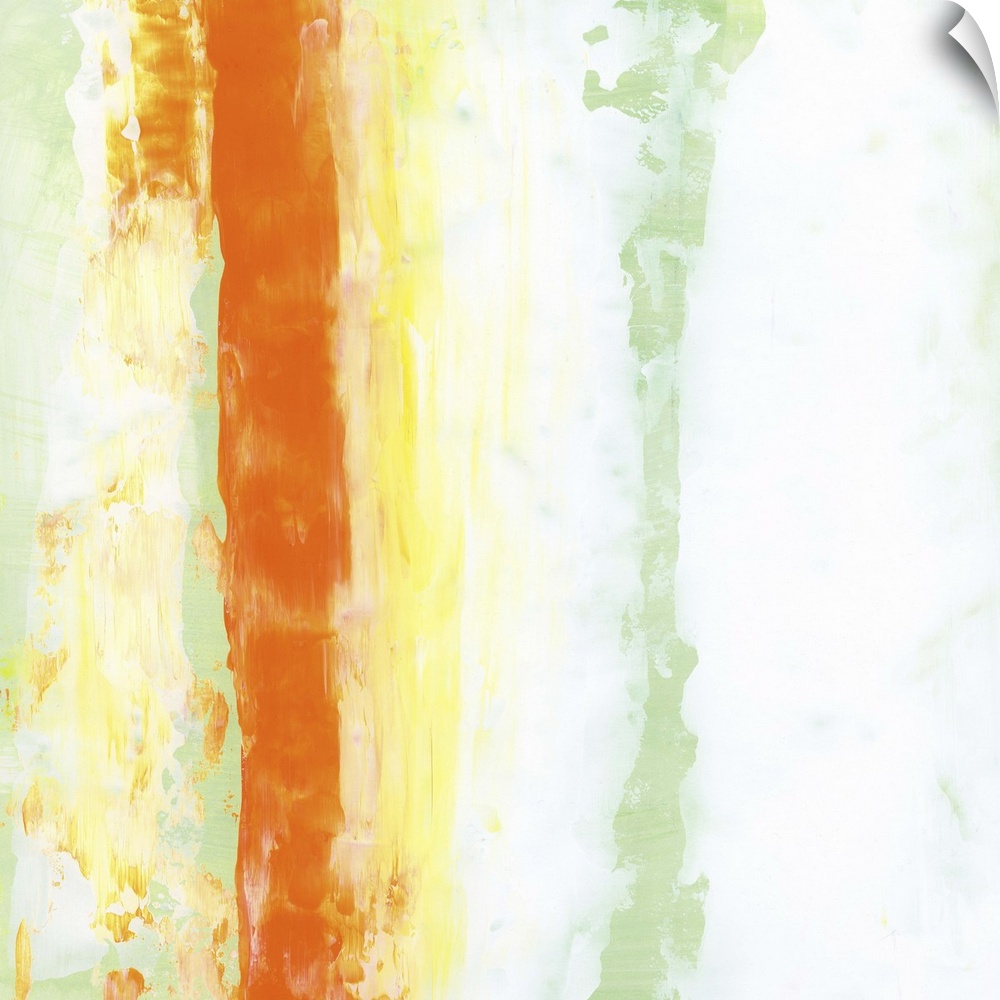 Contemporary abstract painting using vertical strokes of vibrant orange and pale green against a neutral background.