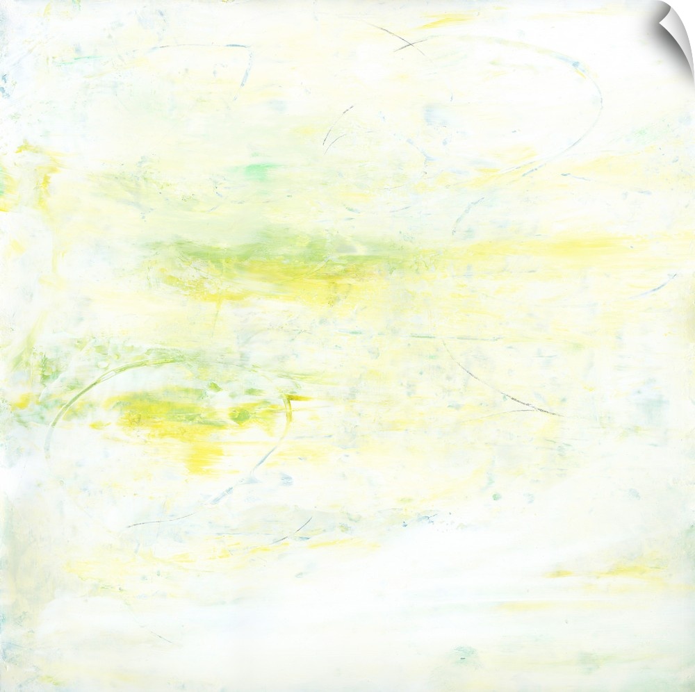 Contemporary abstract painting using pale lime green tones.