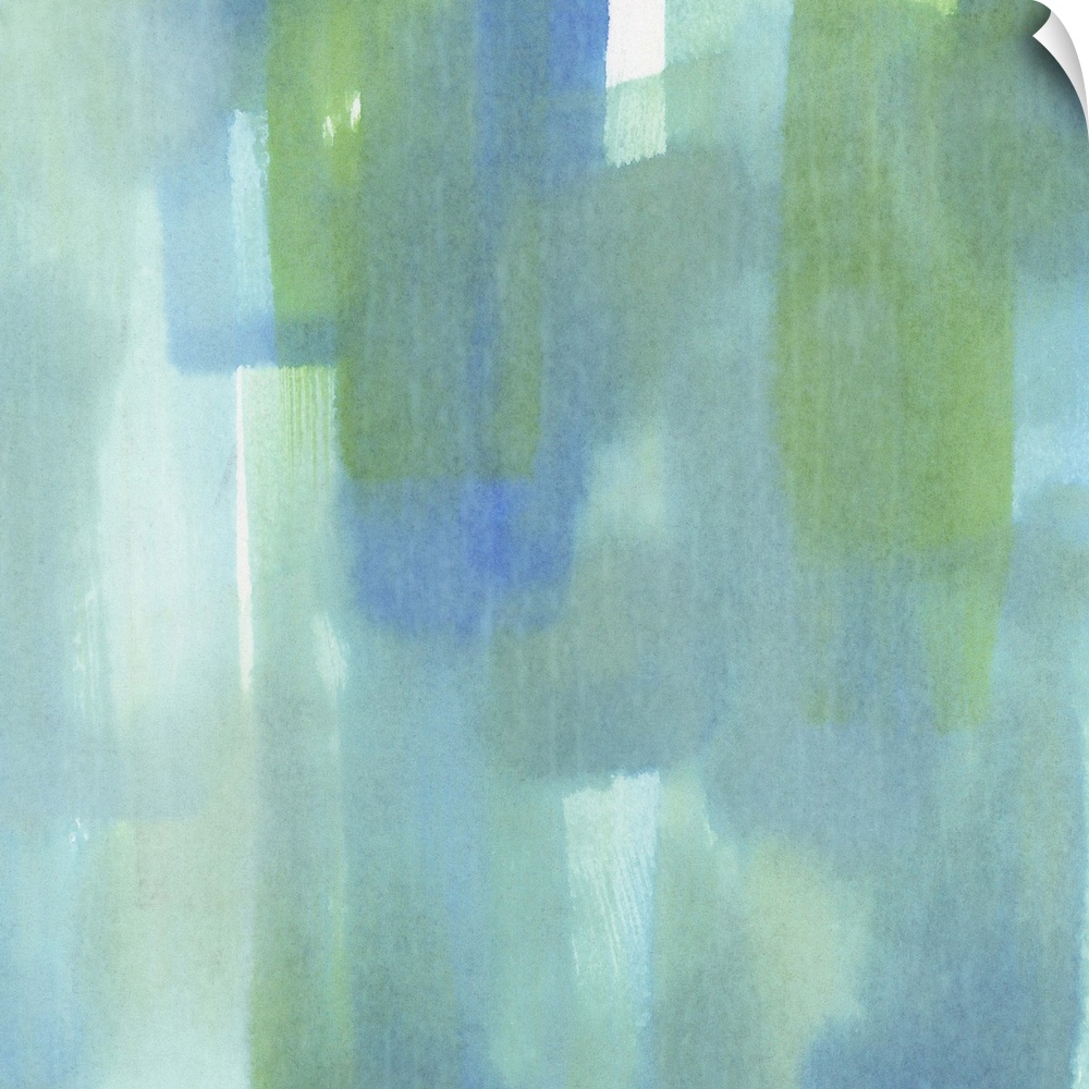 Contemporary abstract painting using vertical wide strokes of turquoise green.