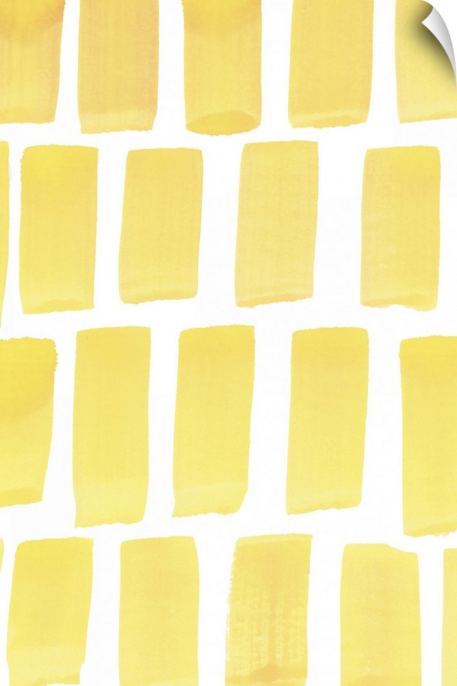 Contemporary abstract painting vertical wide strokes of yellow against a white background.