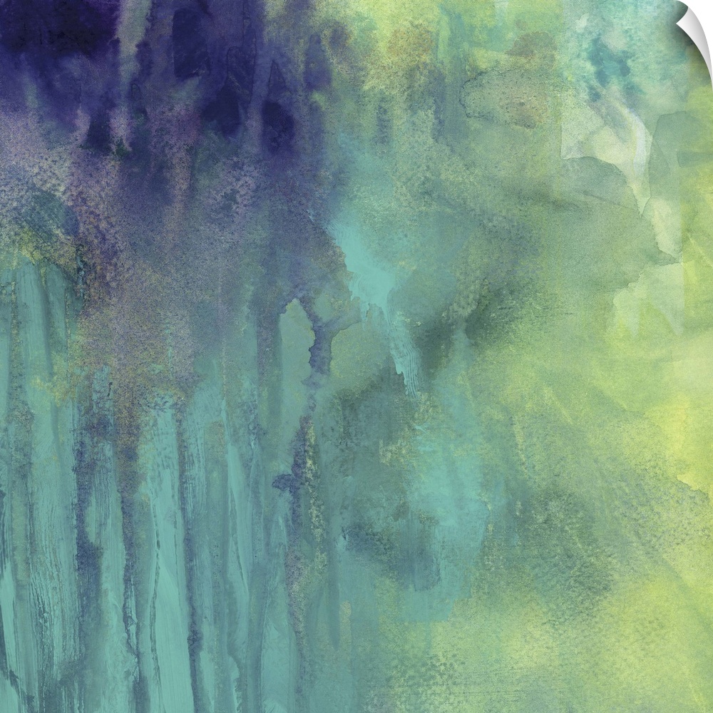 Contemporary abstract painting using tones of green and blue to create a swirling and dripping effect.
