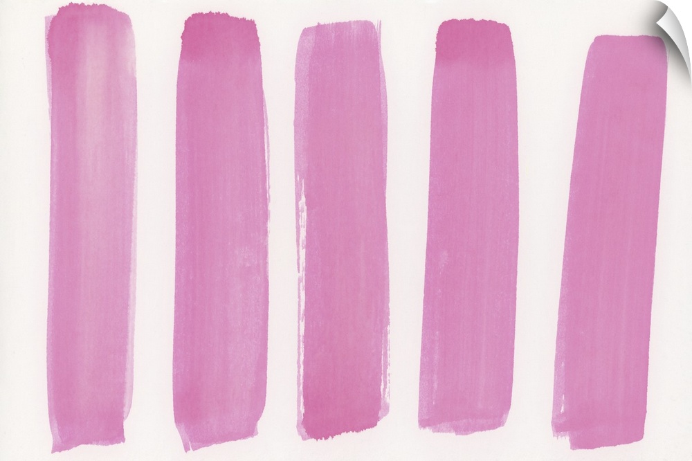 Contemporary abstract painting of long bright pink vertical strokes against a white background.
