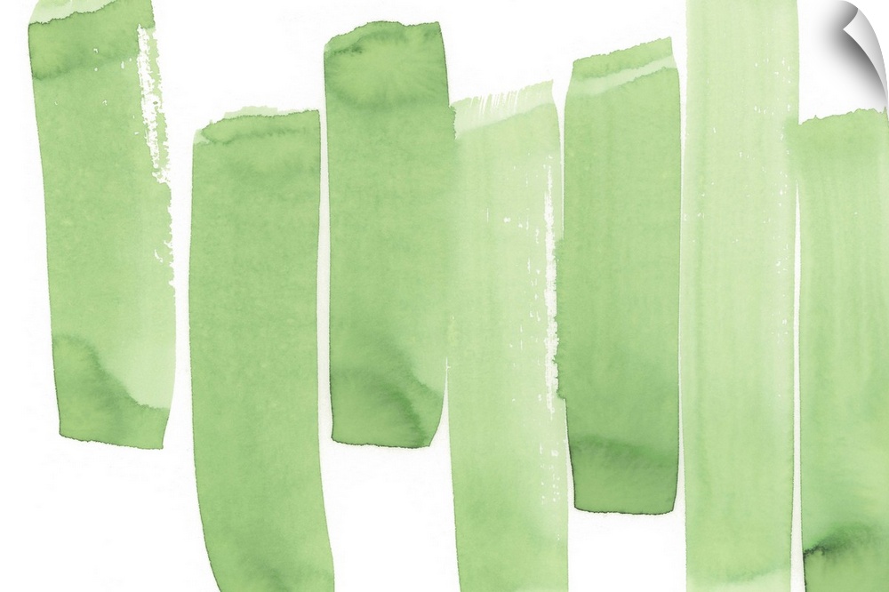 Contemporary abstract painting of long bright green vertical strokes against a white background.