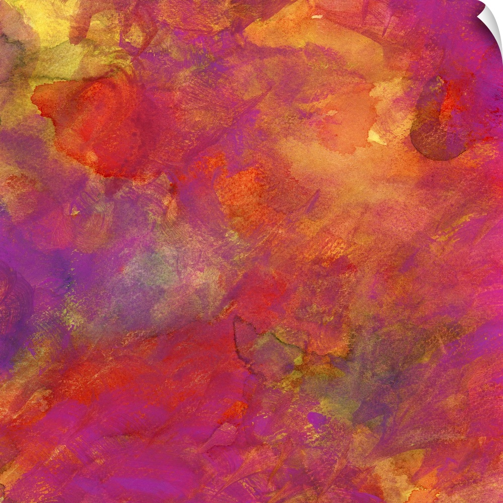 Contemporary abstract painting using vibrant tones of purple orange and pink.