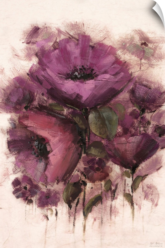Contemporary artwork of vibrant purple flowers against a cream background.