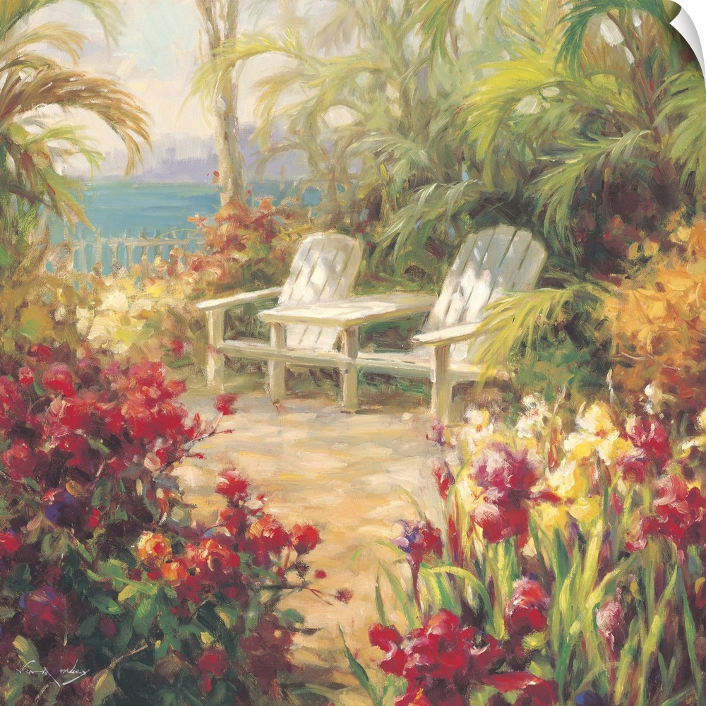Contemporary painting of a tropical beachside garden with two chairs.