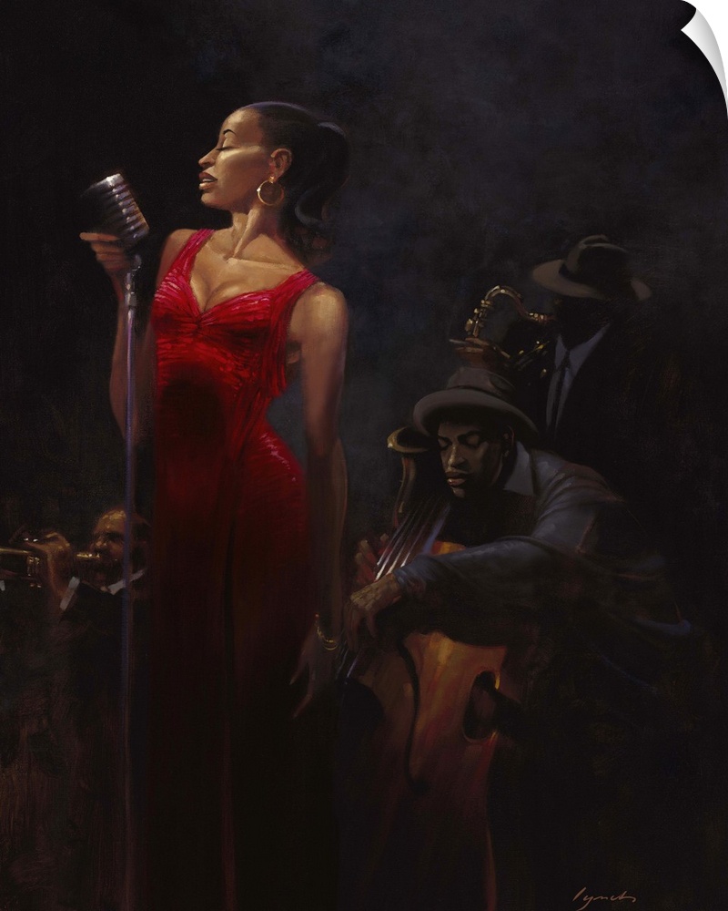 Contemporary painting of woman in a red dress standing at a microphone singing, with a jazz band playing behind her.
