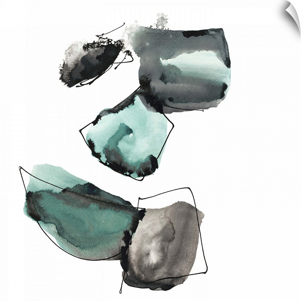 Abstract artwork in grey and turquoise shapes resembling a collection of gemstones.