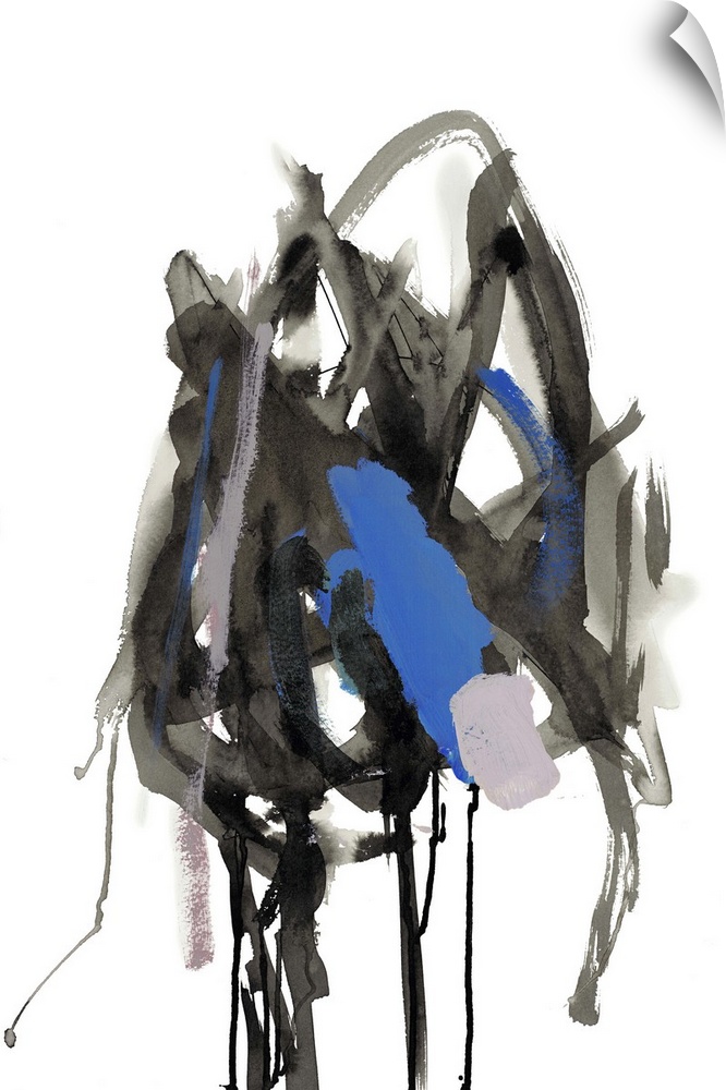 Contemporary abstract painting in grey and blue with dripping paint.