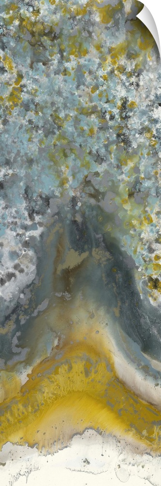 Contemporary abstract painting using tones of brown and yellow mixed with pale turquoise to create what resembles agate te...