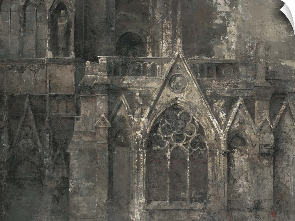 Contemporary painting of the facade of a gothic cathedral.