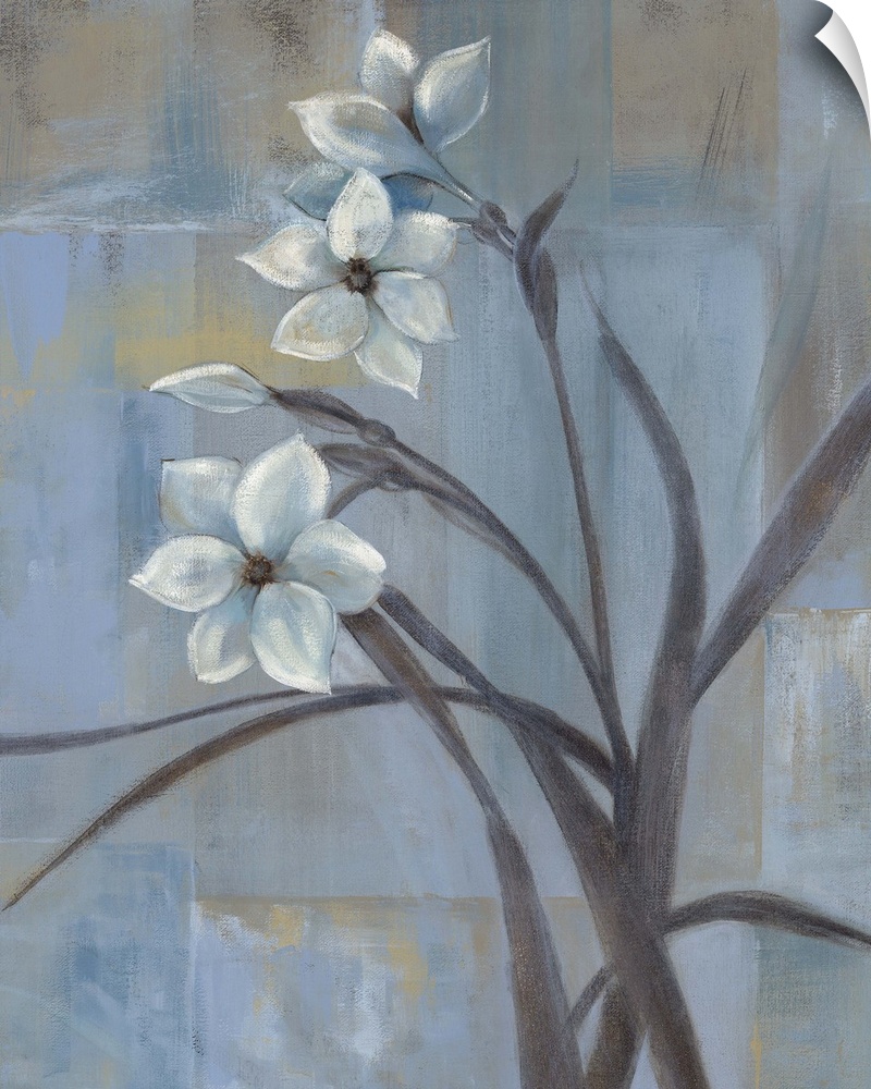 Contemporary painting of three white tulips and slender leaves and stems.