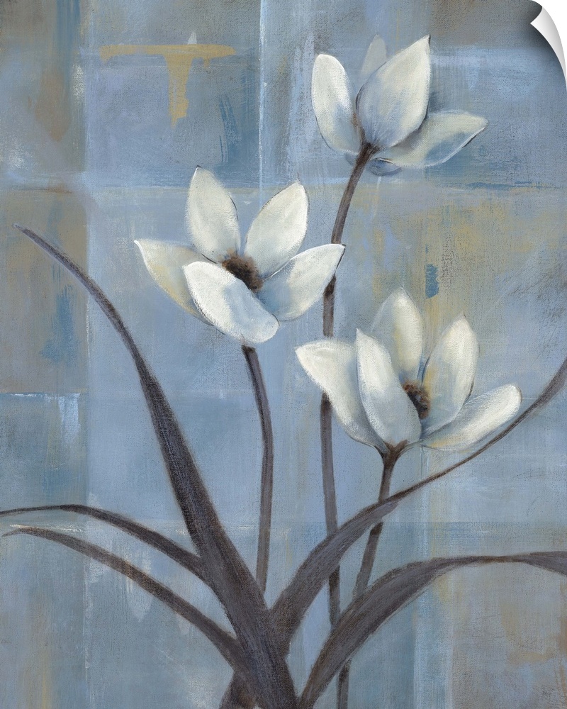Contemporary painting of three white tulips and slender leaves and stems.