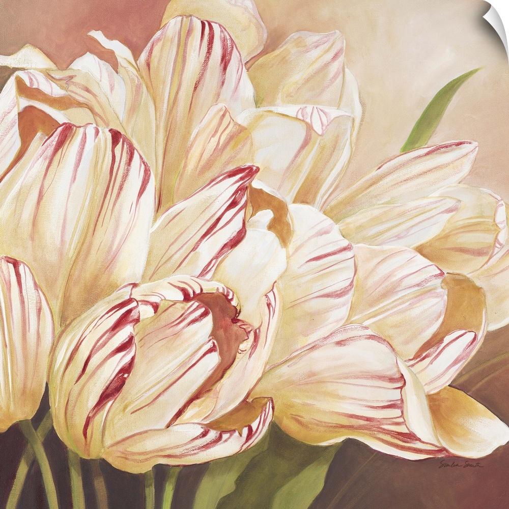 Pastel painting of pale striped tulips in a bouquet.