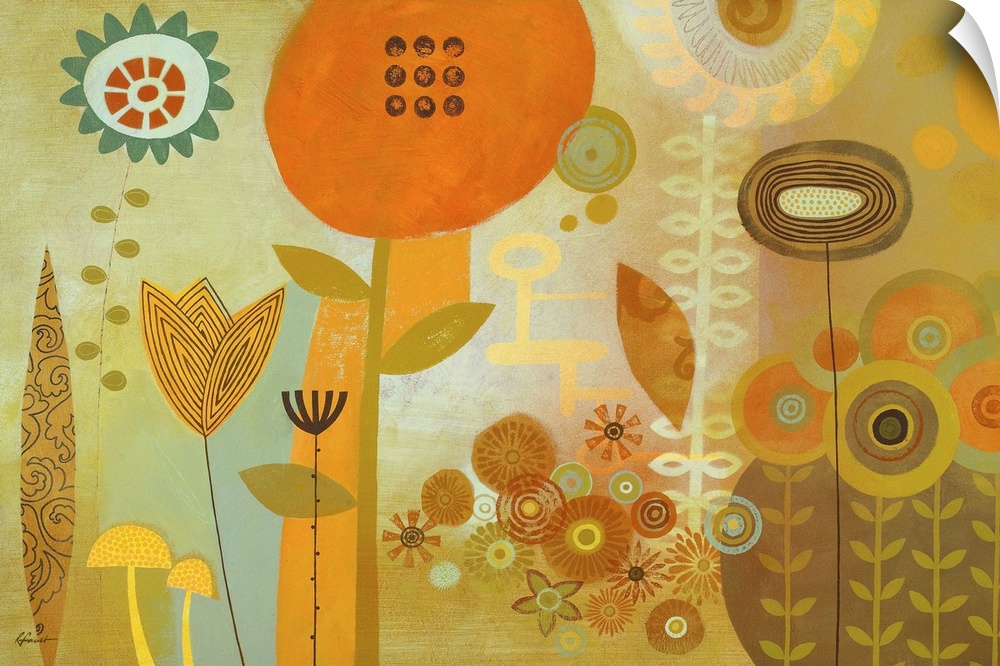 Contemporary painting with a retro feel of colorful shapes and designs making a flowery garden scene.