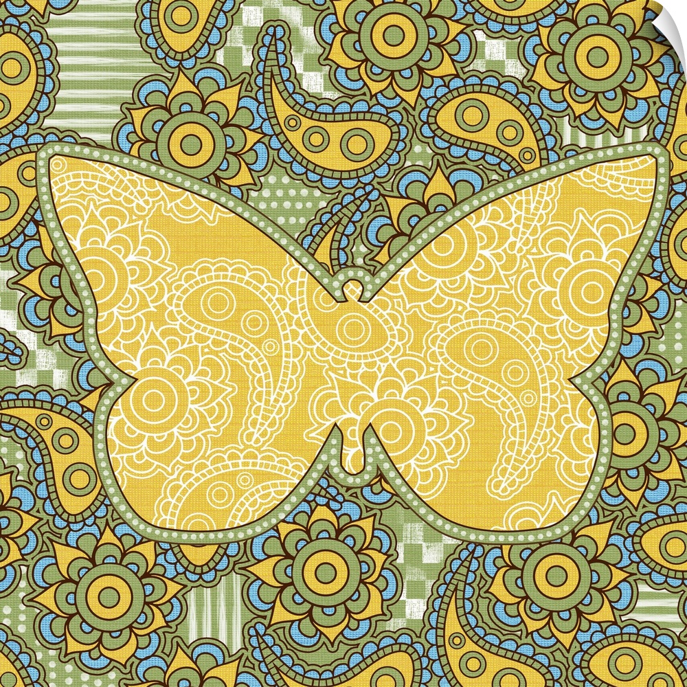 Colorful paisley patterned artwork with the silhouette of a butterfly.
