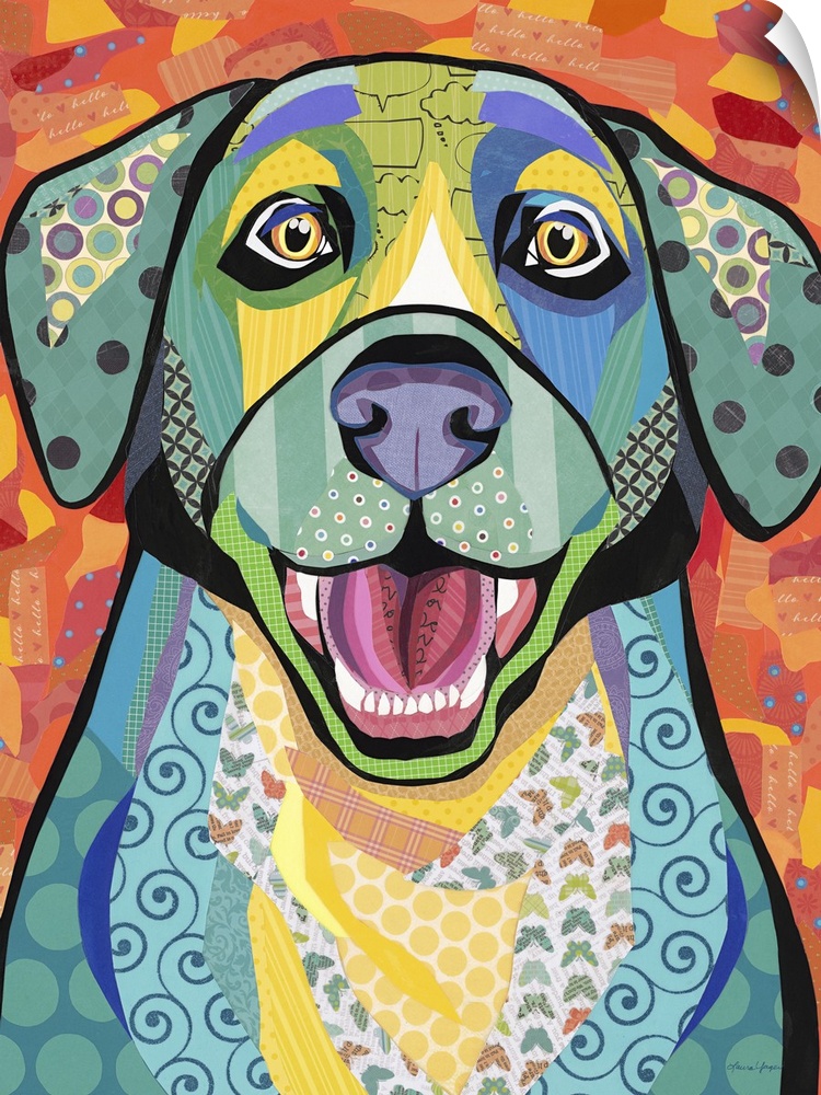 Colorful collage artwork of an excited Labrador Retriever.