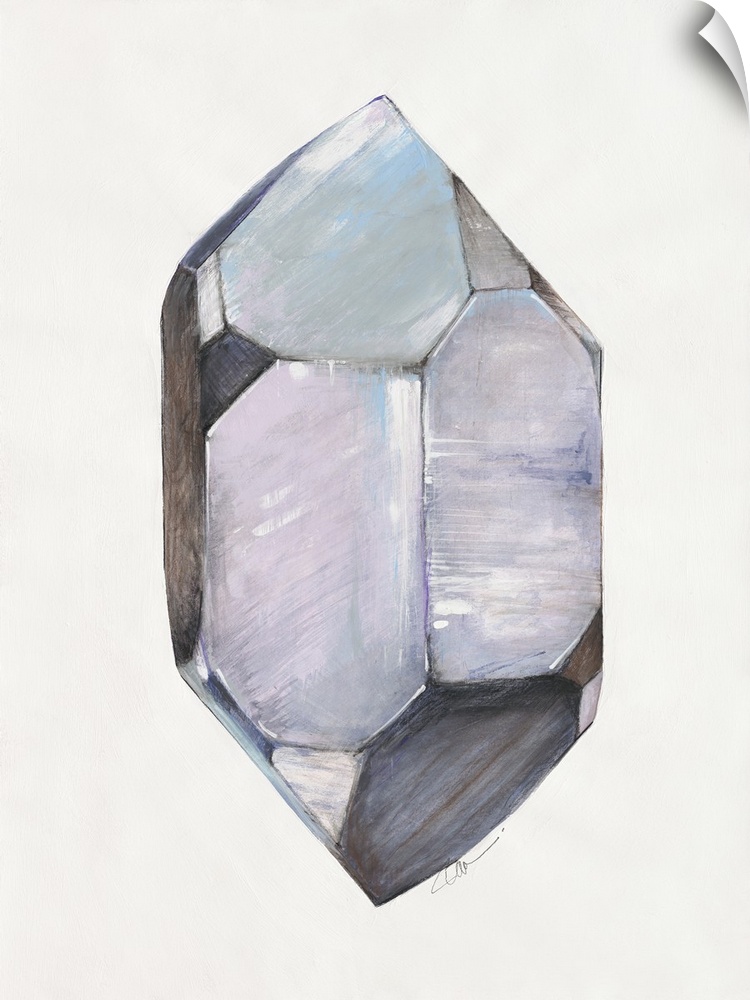 Abstract artwork of a faceted crystal shape in cool grey tones.