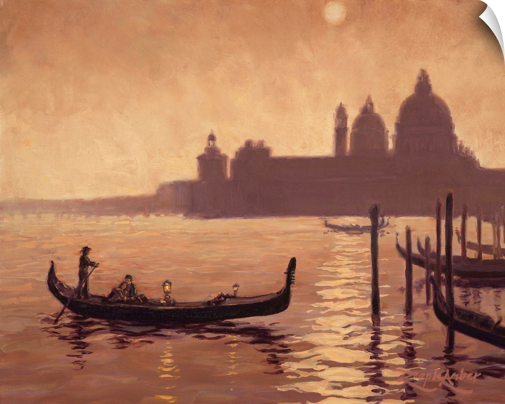 Contemporary painting of a couple in a loving embrace in a gondola riding along a Venetian canal.