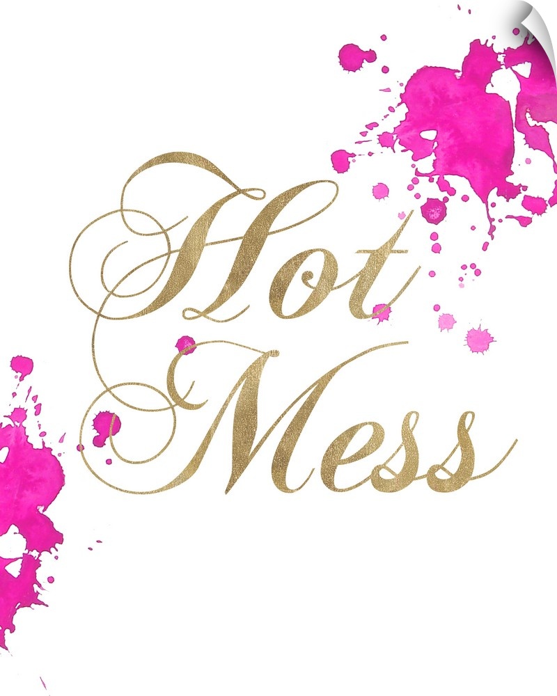 Gold lettering and bright pink splatter marks against a white background.