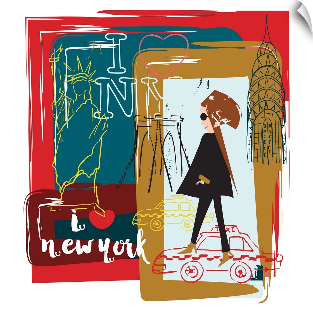 Fun illustration of a fashionable young woman in New York City.