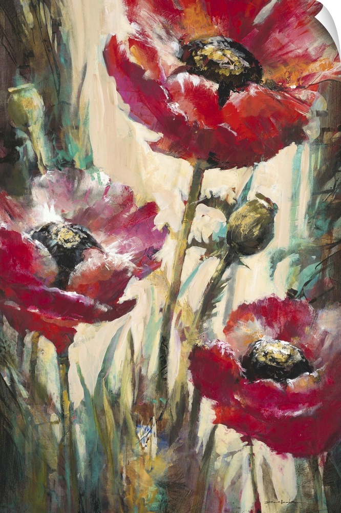 Contemporary painting of vibrant red poppy flowers.