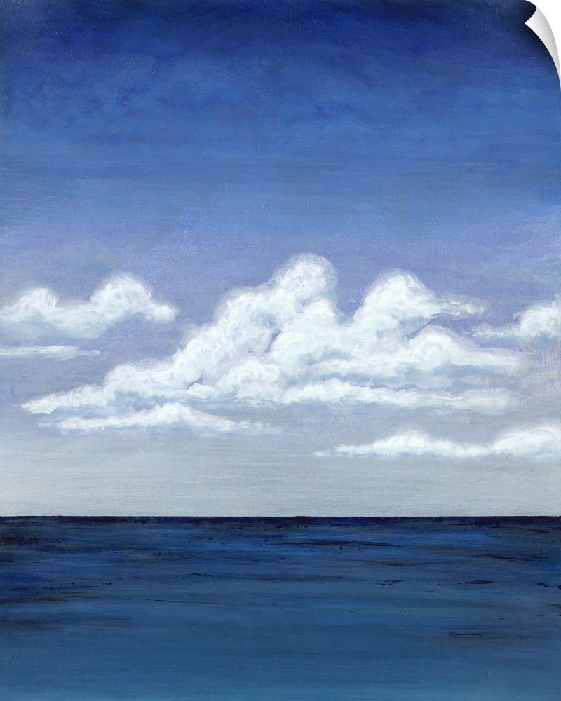Contemporary decor art of a seascape under puffy clouds.