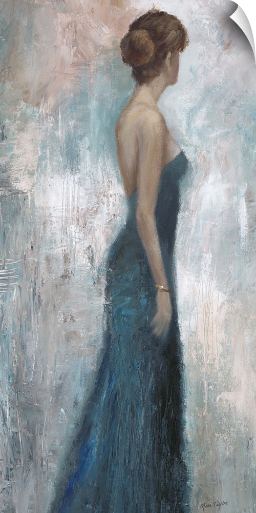 Contemporary painting of a woman wearing a blue dress looking to her left.
