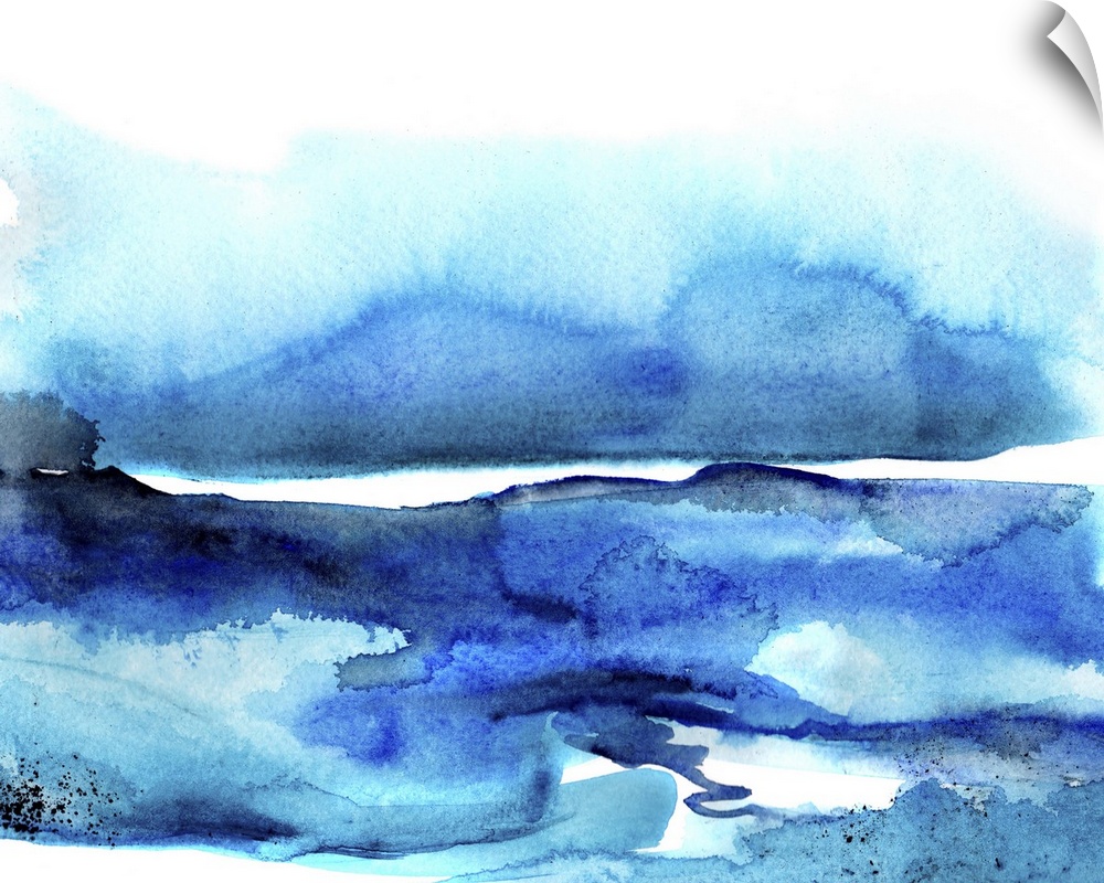Abstract watercolor artwork of shades of blue blending together.