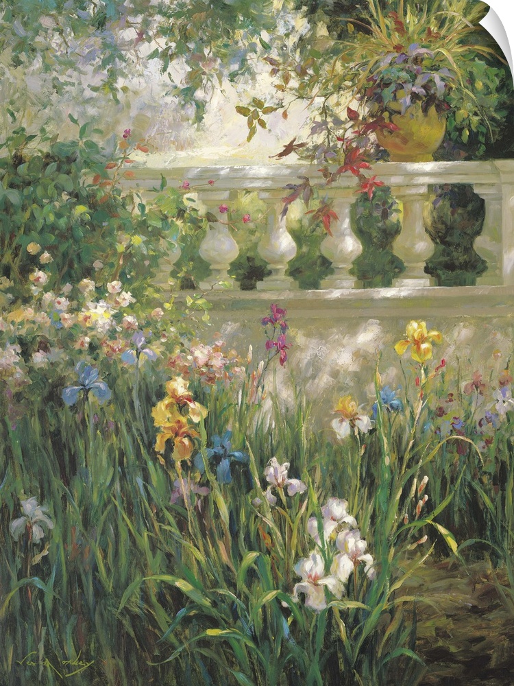 Peaceful painting of irises in a garden in the shade.