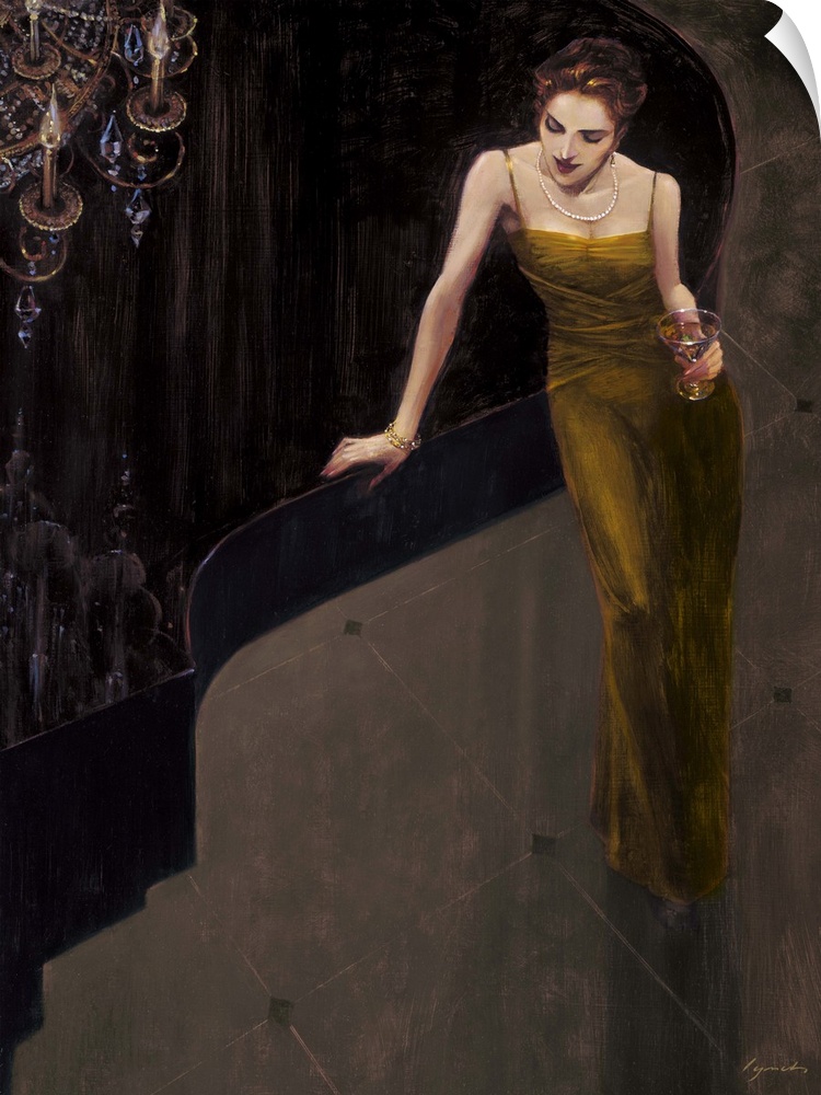 Contemporary painting of a woman standing next to a piano, with a drink in her hand.