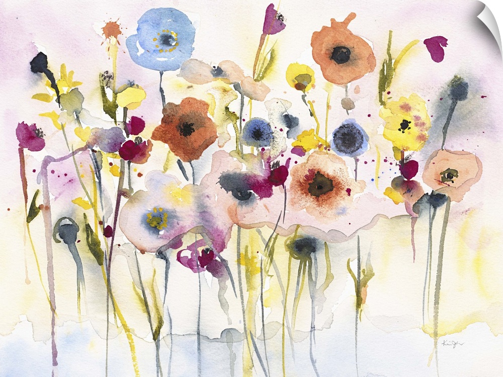 Contemporary watercolor painting of flowers against a white background.