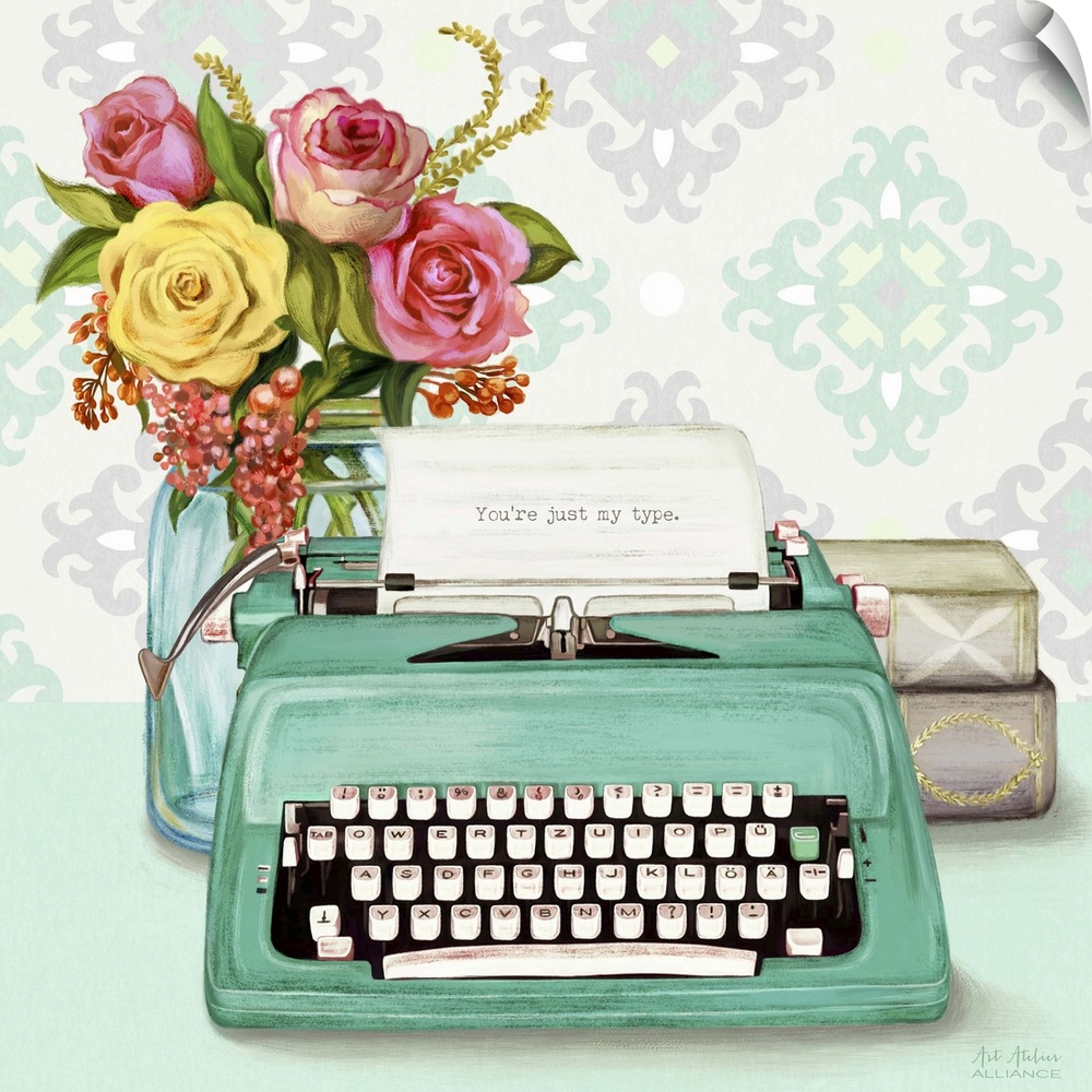 Contemporary vibrant home decor artwork with a teal typewriter and a bouquet of colorful flowers in a mason jar.