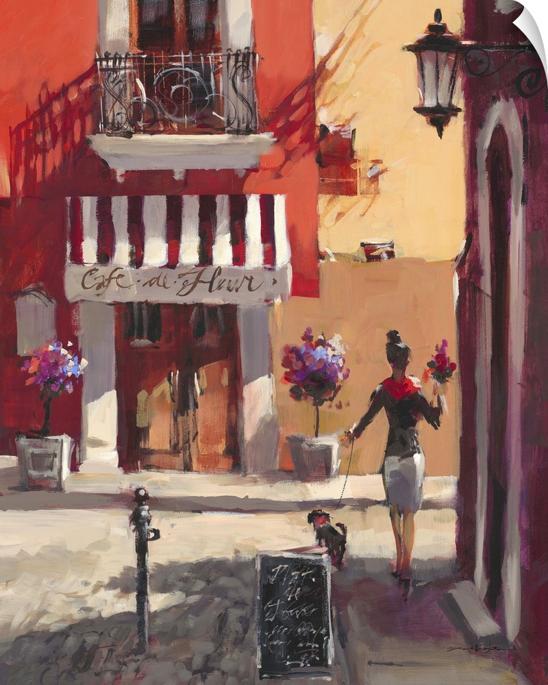 Painting of a woman walking along a sidewalk with a small dog on a leash in colorfully in a town with colorfully painted b...