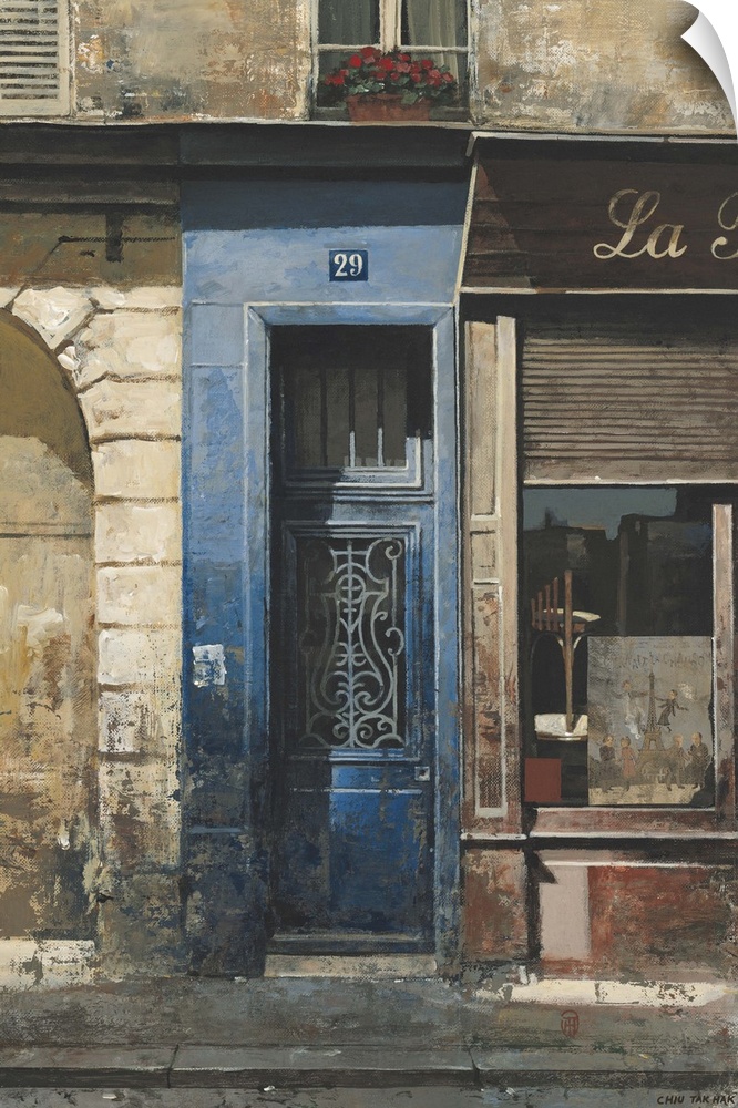 Contemporary painting of a storefront and blue door downtown in a city.
