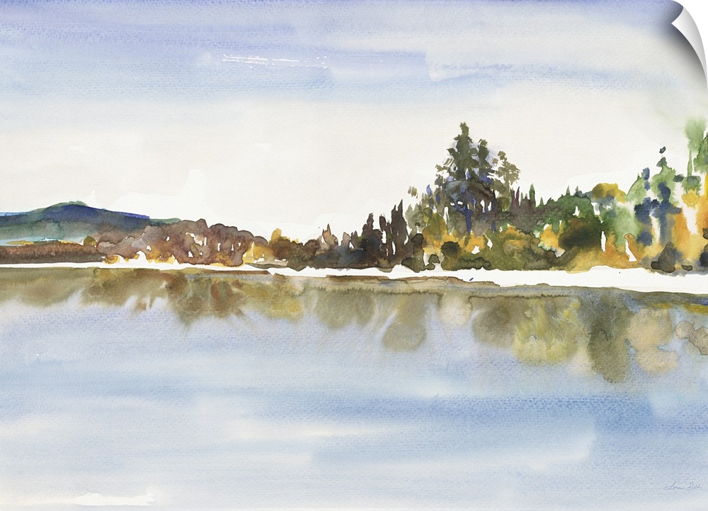 Watercolor landscape painting of a lake with trees along the edge.