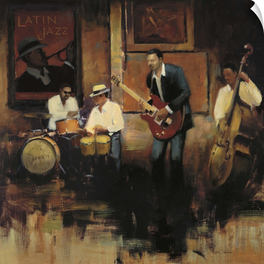 Contemporary painting of a group of jazz musicians playing the bongos, guitar, bass, and drums.