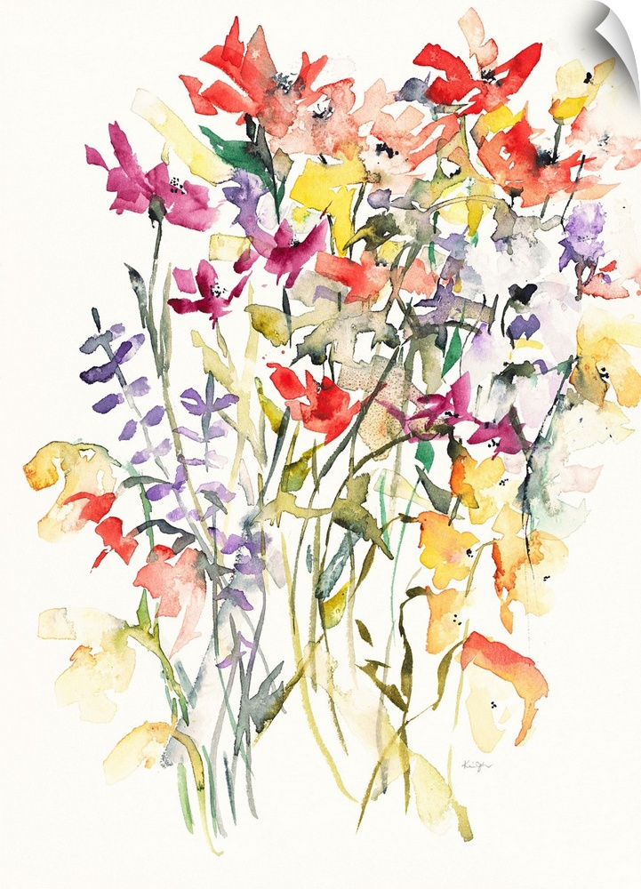 Contemporary watercolor painting of colorful flowers against a white background.