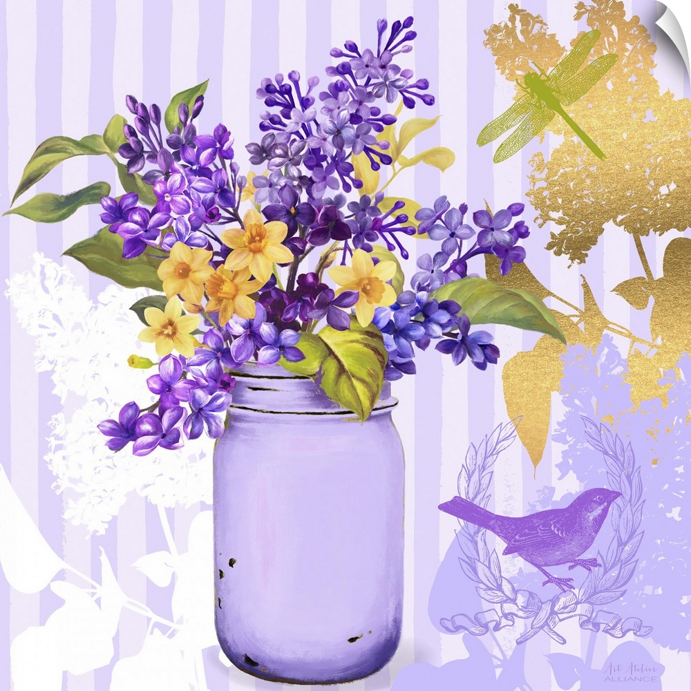 Contemporary home decor artwork of a vibrant purple flowers in a light purple mason jar against a light purple  patterned ...