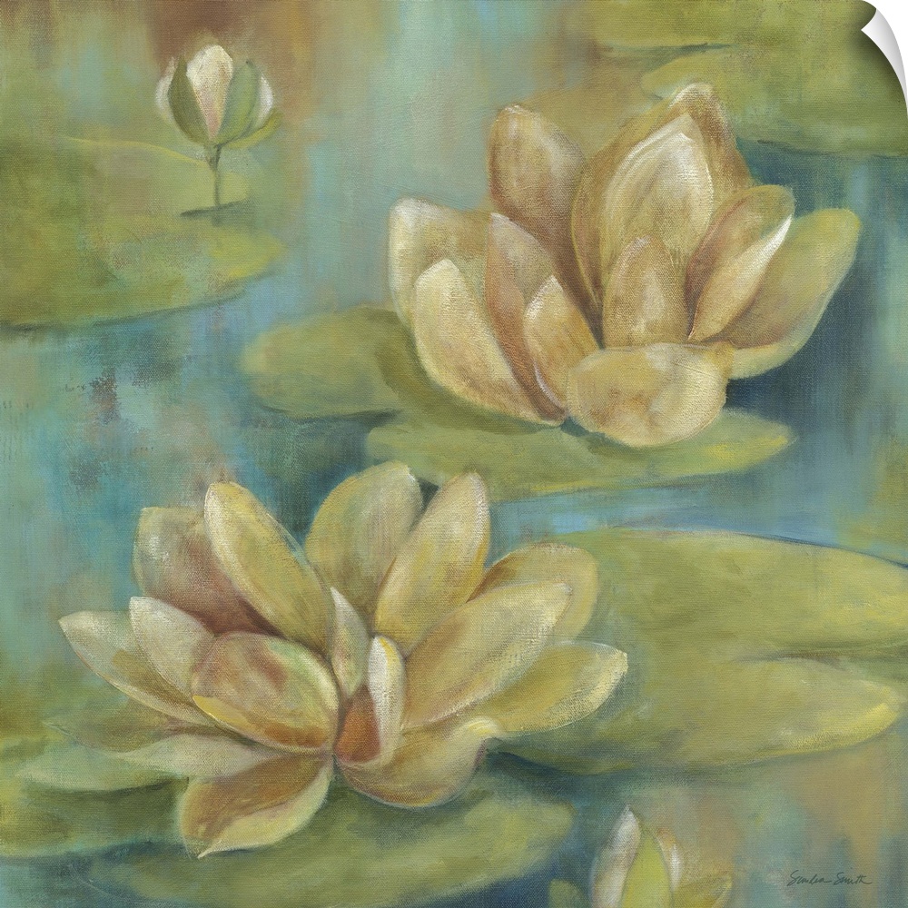 Square painting of two water lily flowers floating in the water.