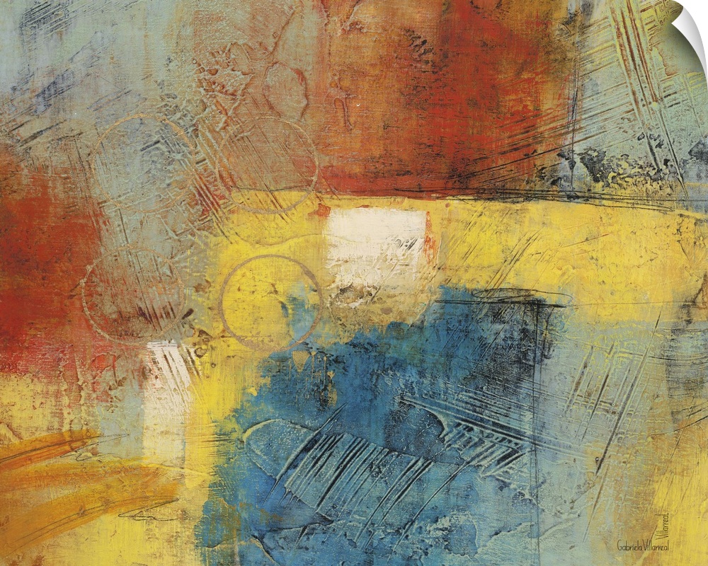 Contemporary abstract artwork using warm and cool tones thrown together in a mix of color.