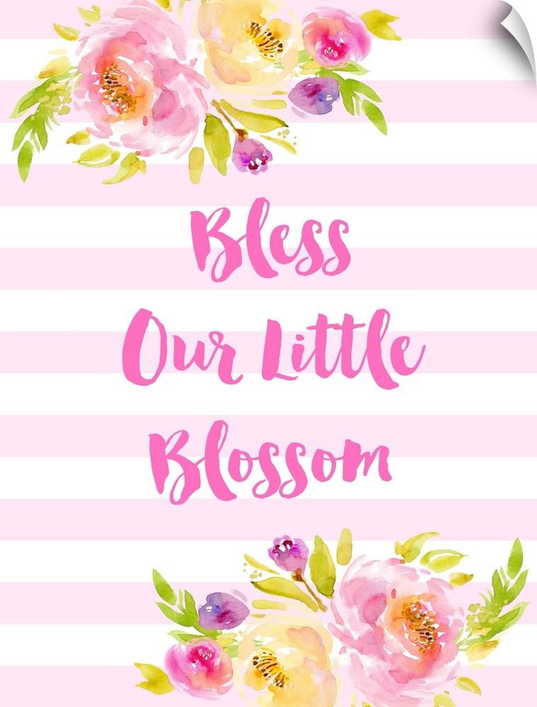 "God Bless Our Little Blossom" in pink and white with illustrated flowers.